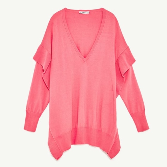 NWT Zara Bright Pink Flounce Ruffle Sleeve Sweater - Picture 2 of 8
